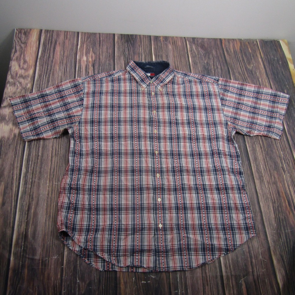 Tommy‎ Hilfiger Shirt Mens 2XL Blue Red Plaid Short Sleeve Button Down Casual